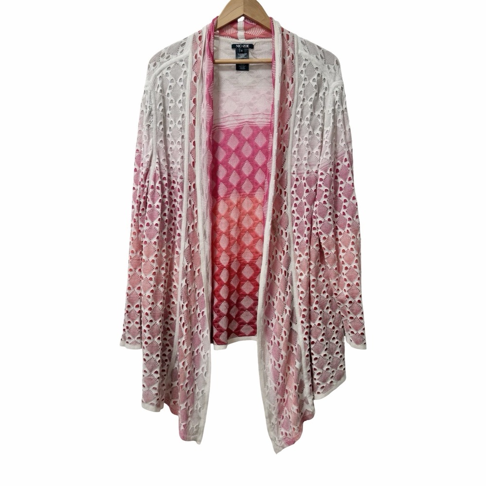 NIC+ZOE Textured Geometric Knit Open Front Cardigan Size 3X Pink Asymmetric Hem